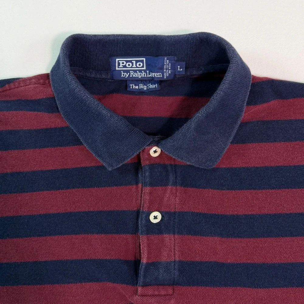 Polo Ralph Lauren The Big‎ Shirt Mens Large Striped Crest Pocket Polo Burgundy